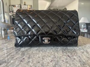 CHANEL Black Patent Leather Flap Shoulder Bag Silver HW AUTH